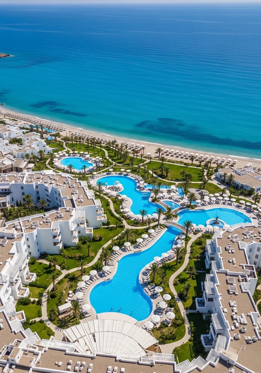 Αεροφωτογραφία παραθαλάσσιου resort με πισίνα